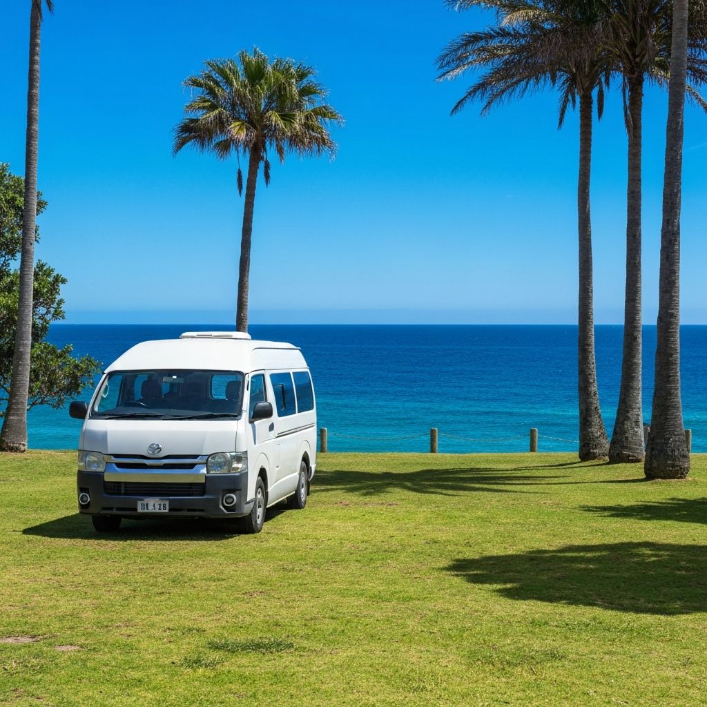 Budget campervan at Australian coastal campsite