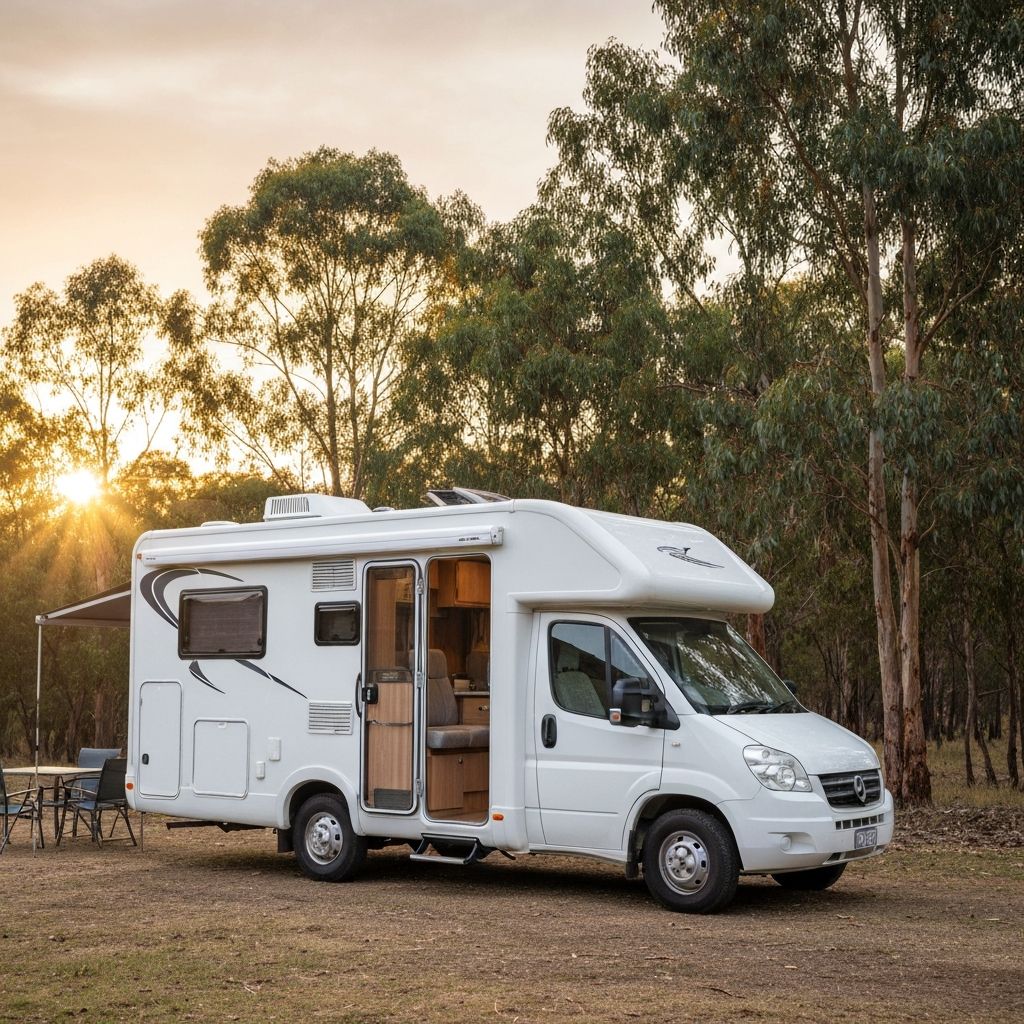 Mid-range motorhome at Australian bush campsite